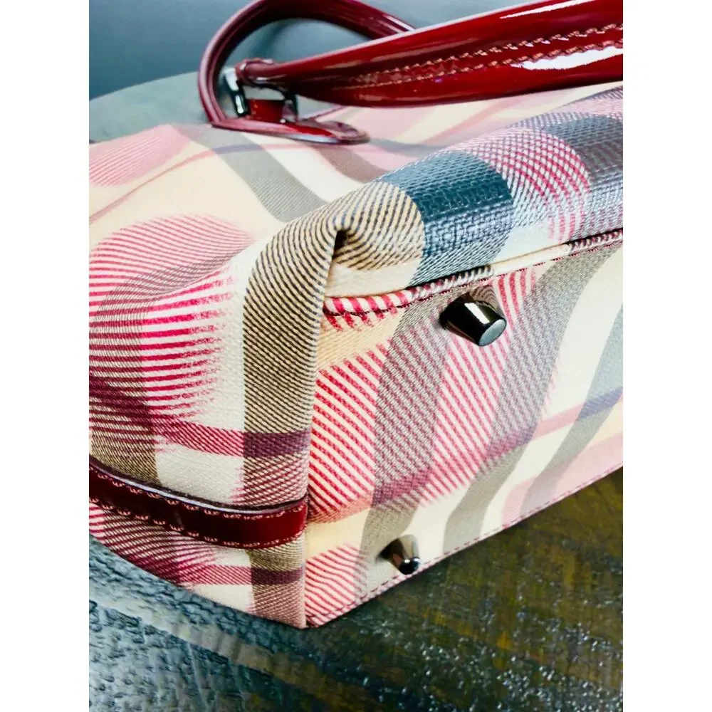 Authentic Burberry Heart Nova Check Tote Bag Coated Canvas Red Patent Trim Charm